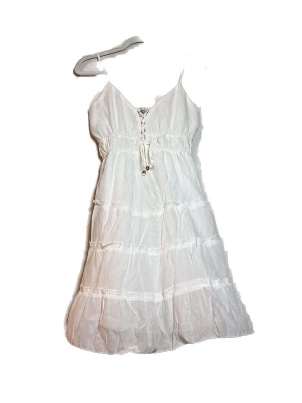 L HYFVE Women's White Sleeveless Tiered Mini Dress with Lace-Up Detail